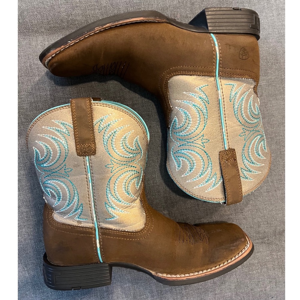 Ariat Kids Brown Turquoise Silver Western Square Toe Boots Size 3